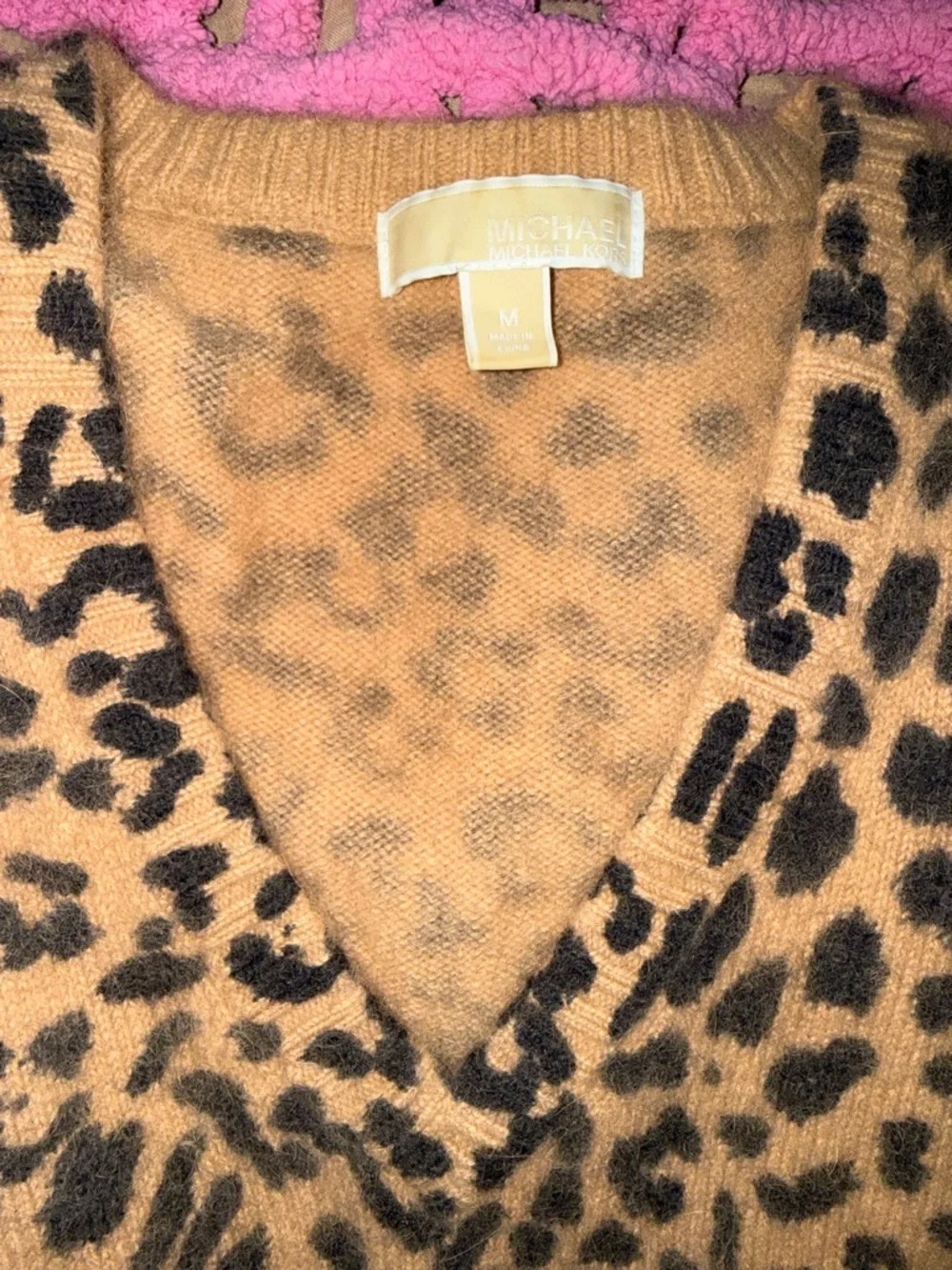 Michael Kors Leopard Print V-Neck Angora Rabbit Hair Sweater - Brown & Black
